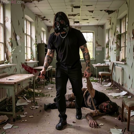 A tattooed person in a black shirt and gas mask holds a large bloody knife while dragging another masked figure by the arm across the floor of a ruined, debris-filled room with peeling walls.