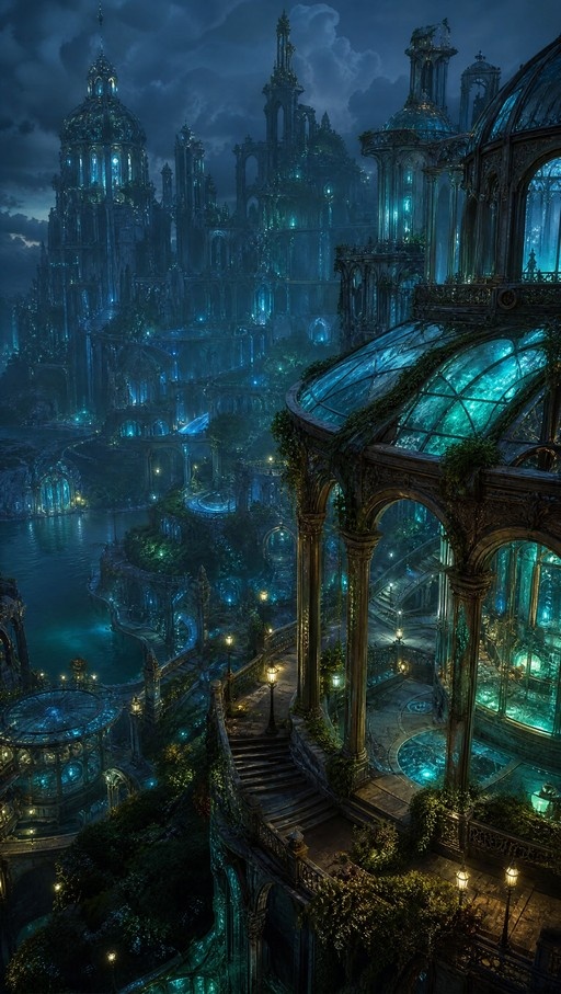 A sprawling fantasy city at night featuring bioluminescent blue architecture and ancient ruins overgrown with vines, illuminated by warm streetlamps along winding stone walkways.