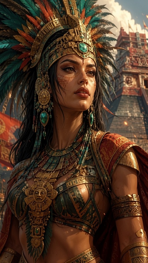 A digital illustration of a dark-skinned woman with long black hair wearing an elaborate golden headdress with green and red feathers. She wears intricate gold jewelry including a large sun-face chest piece and dangling earrings, standing in front of a stone pyramid structure.