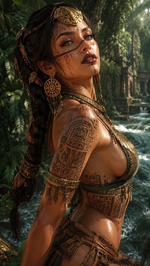 A dark-skinned woman with intricate facial tattoos and elaborate gold jewelry stands near a rushing river in a lush jungle, wearing tribal armor and looking back over her shoulder.