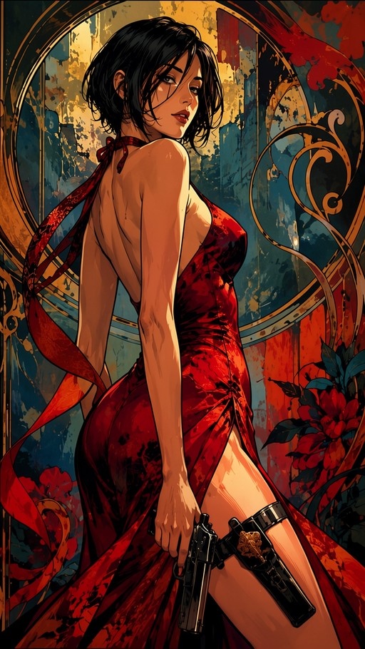 A digital illustration of a woman with short black hair wearing a backless red halter dress, holding a pistol in her right hand and wearing a thigh holster against a textured background.