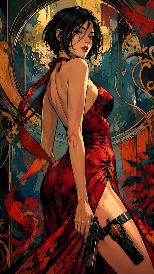A woman with short black hair in a backless red dress holding a handgun and wearing a thigh holster.