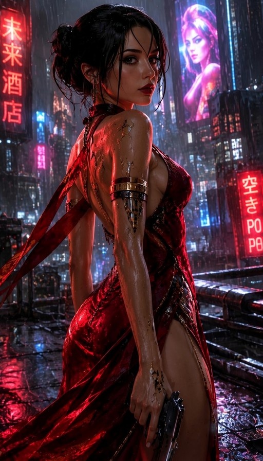 A woman with a cybernetic arm in a red backless dress holding a gun in a rainy cyberpunk city at night