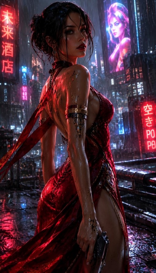 A cyberpunk woman with a mechanical arm in a wet red dress holding a gun in the rain.