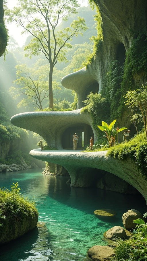 A smooth white organic structure built into a mossy cliff face next to a clear turquoise stream with small figures standing on its balcony.