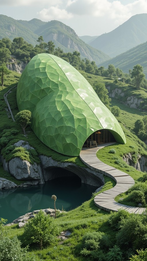A large faceted green dome building sits on a grassy hill next to water with mountains in the background.