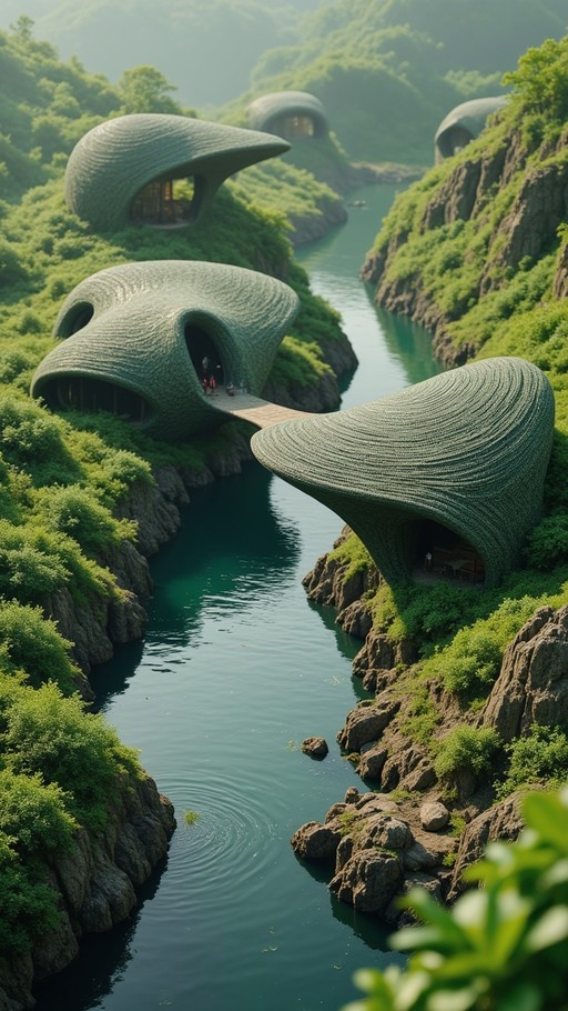 Futuristic shell-like buildings nestled in a lush green river canyon with calm water.