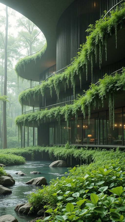 A multi-story modern building with curved balconies draped in hanging vegetation stands beside a rocky stream in a misty forest.