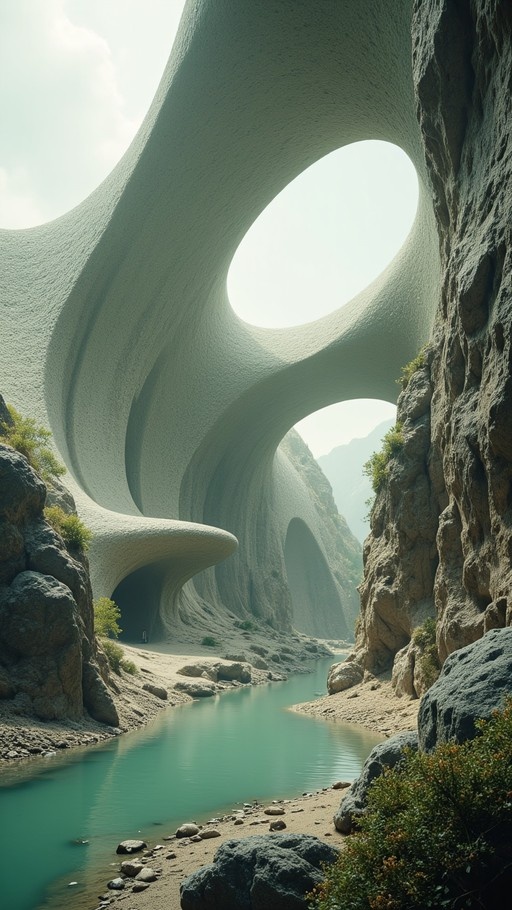 A surreal landscape with a turquoise river flowing beneath massive, smooth white rock formations featuring large circular openings.