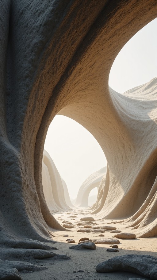 A view through a large, smooth sandstone archway in a surreal desert landscape with scattered rocks on the ground.