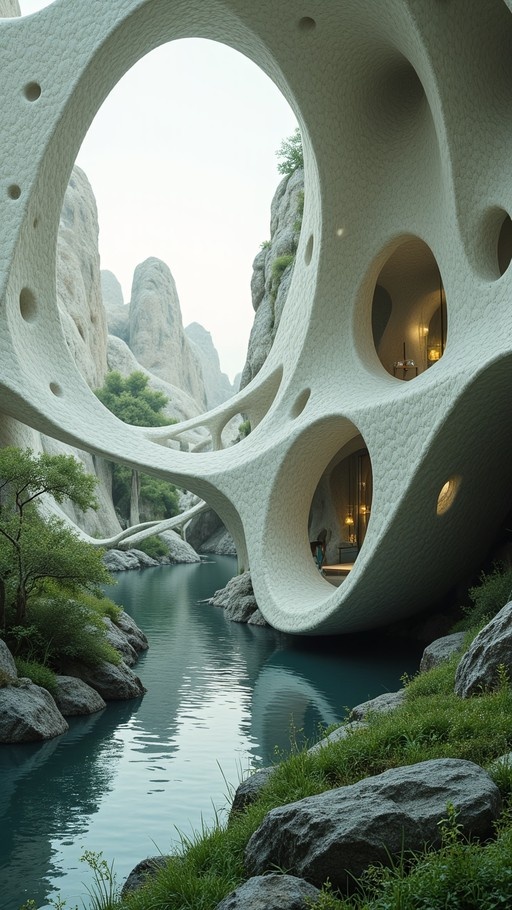 A large white organic structure with circular openings sits beside a calm river in a rocky canyon.
