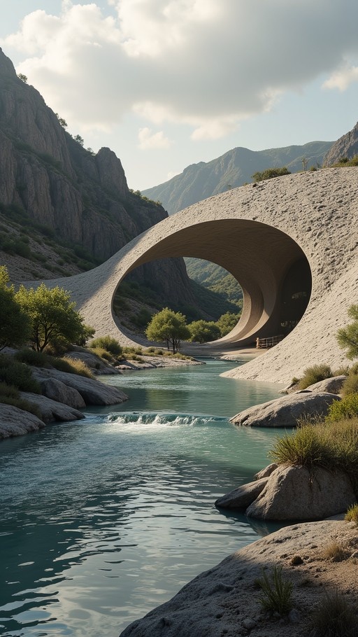 A large stone arch bridge with a circular hole spans a turquoise river in a mountainous valley.