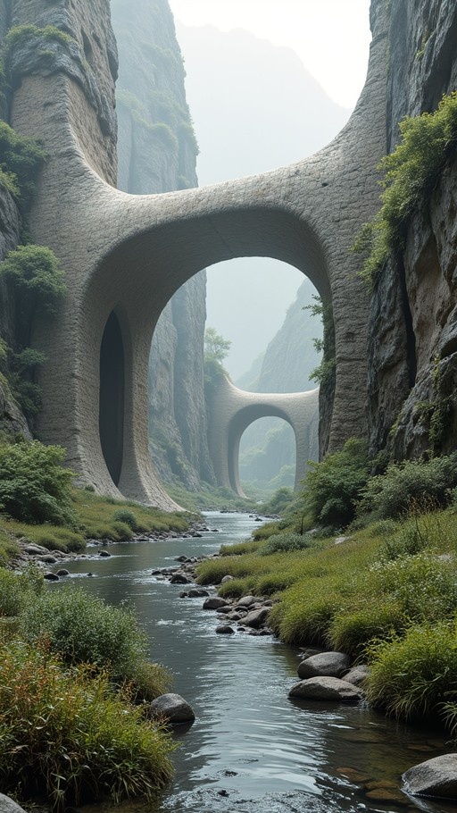 A winding river flows through a lush canyon beneath massive, curved stone arches connecting the steep cliff walls.