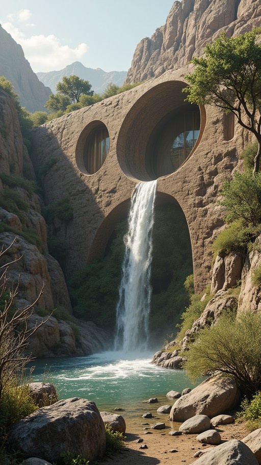 A digital illustration of a large stone structure built into a rocky cliff face with massive circular openings, featuring a waterfall cascading from one opening into a pool below.