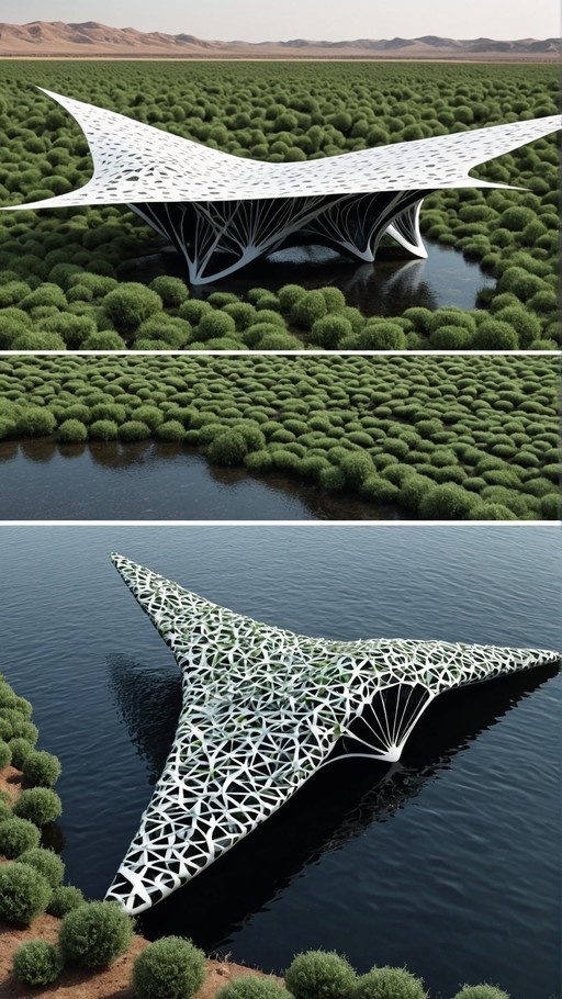 A three-panel comic showing a futuristic white lattice pavilion spanning over water surrounded by green bushes and desert hills.