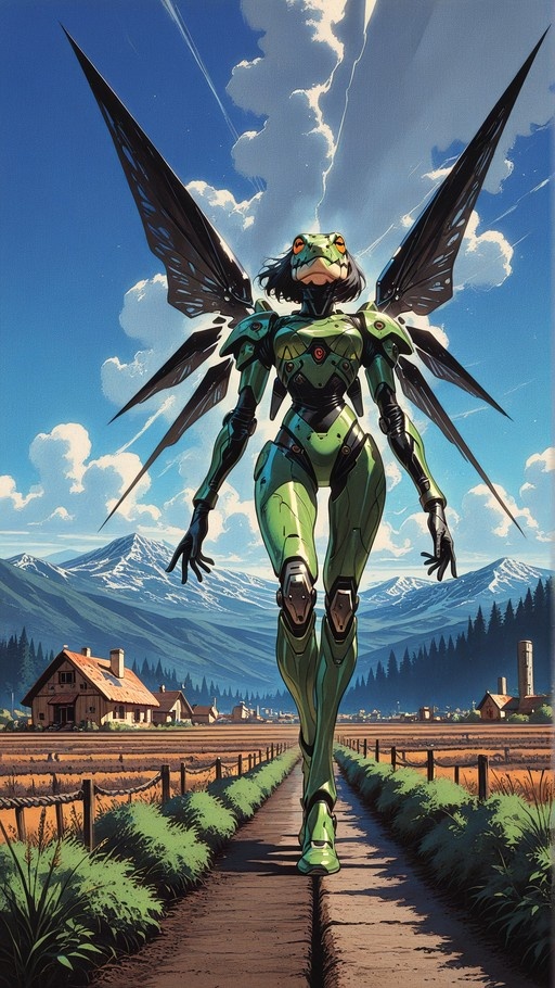 A tall frog-headed humanoid in green mechanical armor with large black insect wings walks down a dirt path through a rural landscape with snow-capped mountains and houses in the background.