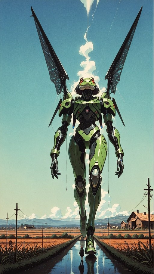 A giant green frog-headed robot with large black insect wings walks down a wet rural road, towering over a small person standing in the flooded path.
