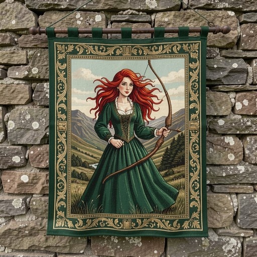 A tapestry hanging on a stone wall depicts a red-haired woman in a green medieval gown holding a wooden bow against a mountain backdrop.