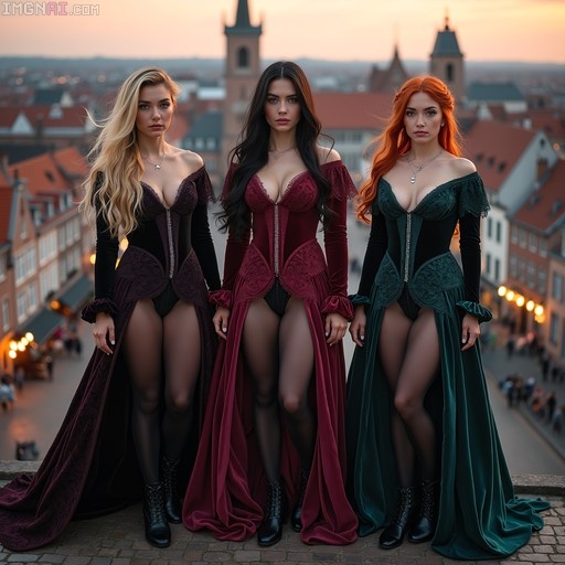 Three women in elegant velvet gowns standing on a stone balcony overlooking the historic city of Bruges at dusk.
