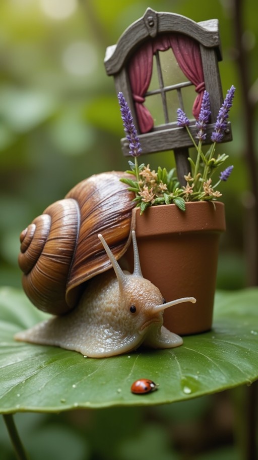 A realistic snail carrying a small terracotta pot with lavender and a tiny window on its back, crawling on a green leaf near a ladybug.