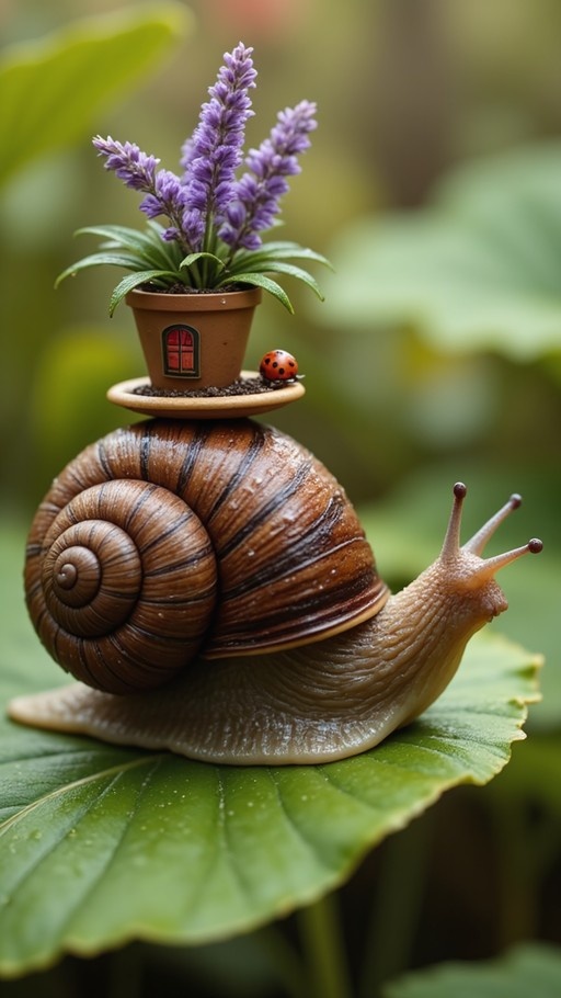 A large brown snail crawls on a green leaf carrying a small potted plant with purple flowers and a ladybug on its shell.