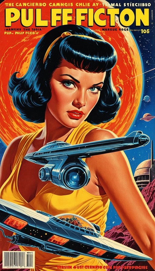Retro science fiction magazine cover featuring a woman in a yellow dress holding two futuristic spaceships against a large orange planet and starry sky.