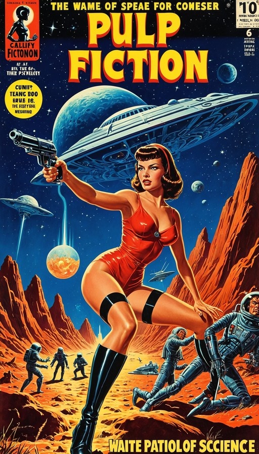 A woman in a red leotard and black boots holds a ray gun on an alien landscape with spaceships and astronauts in the background, styled like a retro pulp magazine cover.
