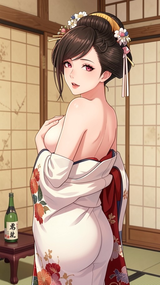 Anime woman with red eyes in a white floral kimono standing in a traditional Japanese room.