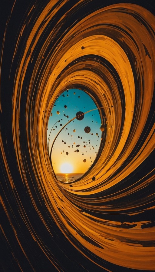 A swirling orange and gold tunnel frames a view of a sun setting over an ocean with floating rocks in the sky.