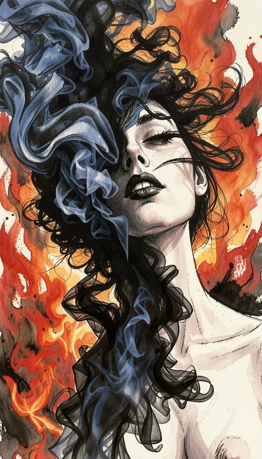 A watercolor illustration of a woman with long black hair and closed eyes, surrounded by swirling blue smoke and vibrant orange flames.