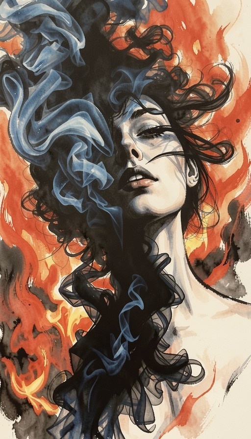 A dramatic watercolor portrait of a woman with long black hair, surrounded by swirling orange flames and blue-grey smoke.