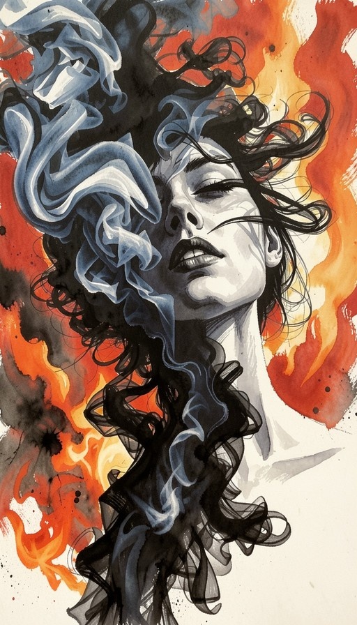 A digital illustration of a woman with closed eyes and flowing black hair, surrounded by swirling blue-grey smoke and vibrant orange flames.