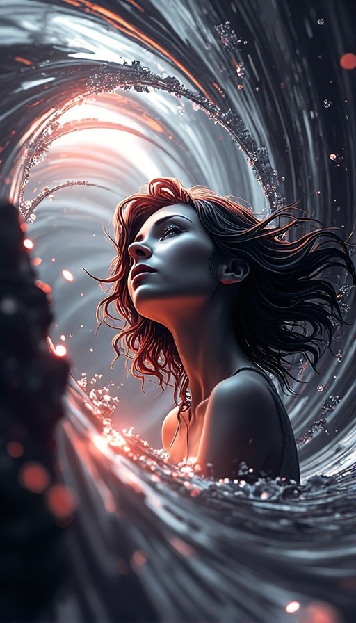 A woman with brown hair looks upward while surrounded by a swirling vortex of water illuminated by warm light from above.