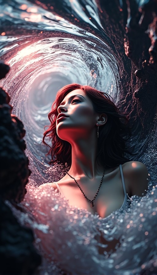 Brown-haired woman with closed eyes looking up from swirling water, wearing jewelry.