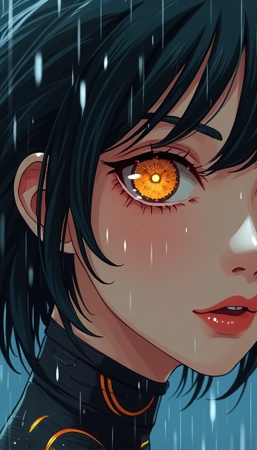 Close-up portrait of an anime-style girl with short black hair and glowing orange eyes standing in the rain.