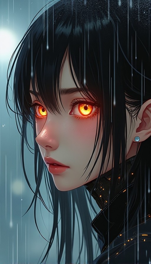 A close-up digital illustration of a young woman with long black hair and glowing orange eyes looking out from the rain.