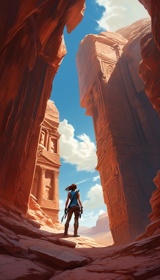 A female adventurer with long brown hair stands in a red rock canyon, looking up at towering carved stone structures under a blue sky.