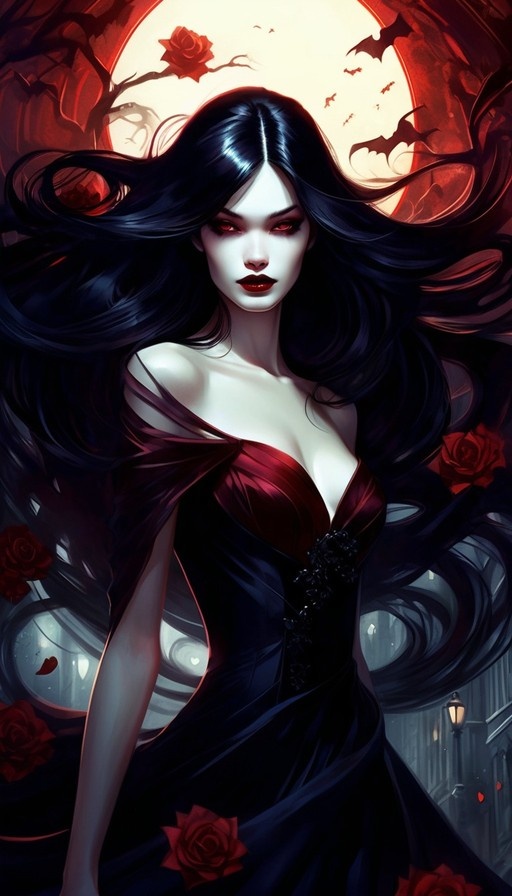 A digital illustration of a pale vampire woman with long flowing black hair and glowing red eyes. She wears a dark gown with a red bodice against a large full moon backdrop with flying bats and red roses.
