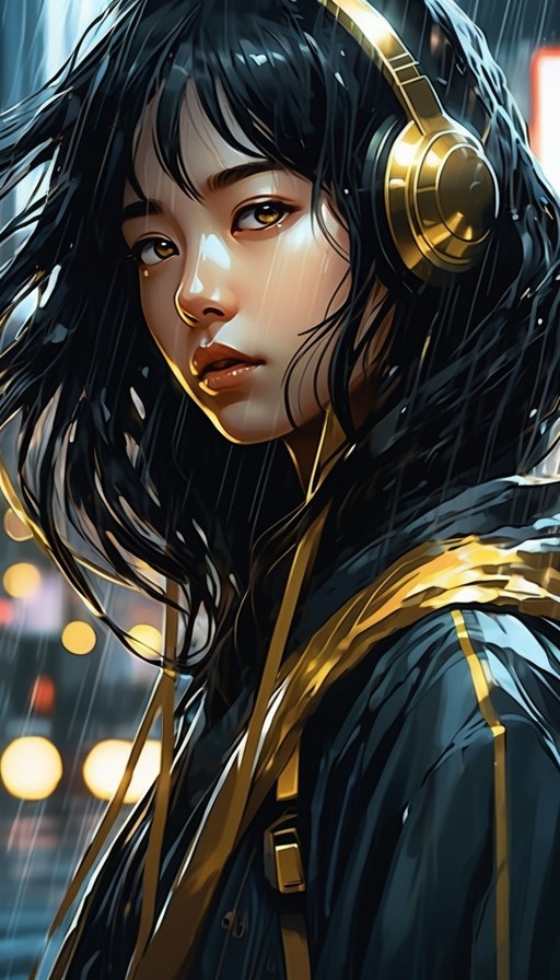 A young woman with long black hair and brown eyes wearing large golden headphones stands in the rain against a blurred background of city lights.
