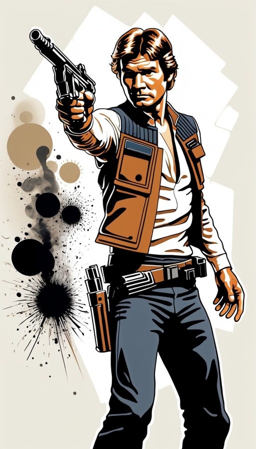 Stylized illustration of Han Solo from Star Wars aiming a blaster pistol forward while wearing his signature brown vest and white shirt with ink splatter effects.