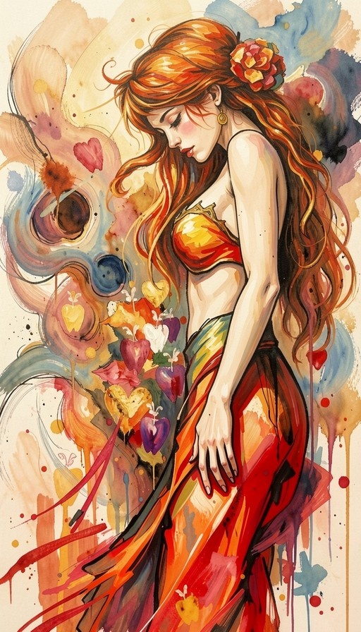 A side-profile watercolor painting of a woman with long orange hair and a flower in her hair, wearing a colorful dress against an abstract background.