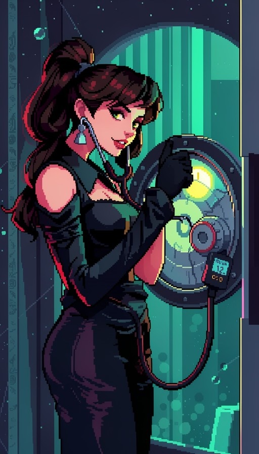 Pixel art illustration of a woman with brown hair in a ponytail and green eyes, wearing a black outfit with cutouts and gloves, listening to a glowing green tank with a stethoscope.
