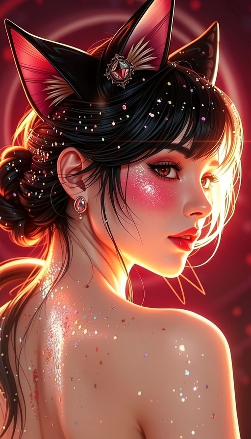 A digital illustration of a cat girl with long black hair and large ears, wearing earrings and covered in glitter, looking over her shoulder against a red background.