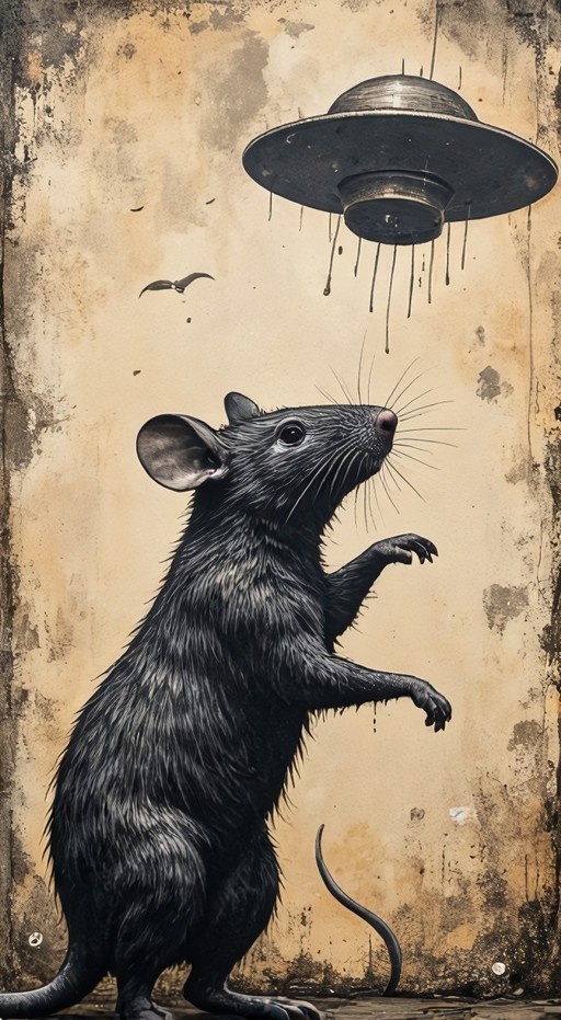 A large dark mouse stands on its hind legs looking up at a metallic flying saucer dripping liquid against a textured brown background.