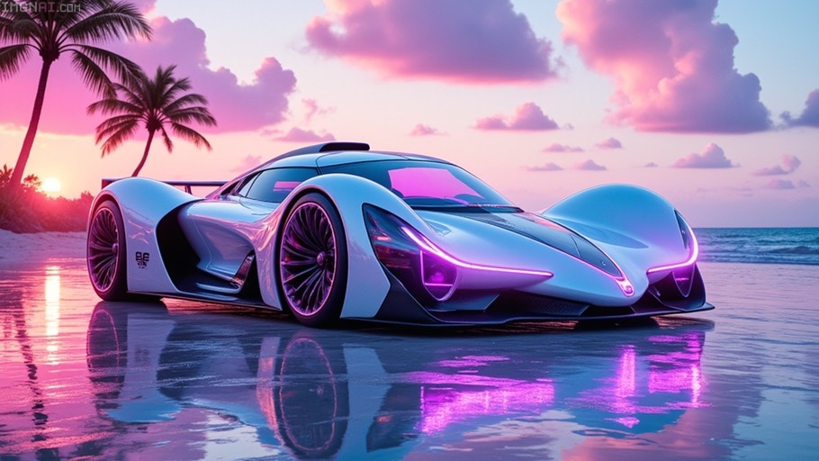 A futuristic white sports car with purple glowing lights parked on a wet sandy beach at sunset with palm trees in the background.