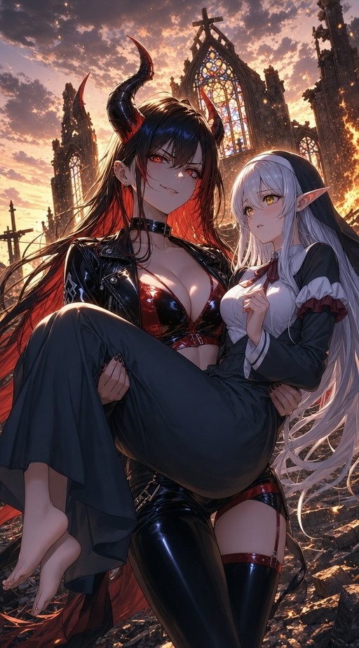 A horned demon girl in black leather carries a white-haired elf nun in her arms against a backdrop of burning cathedral ruins at sunset.