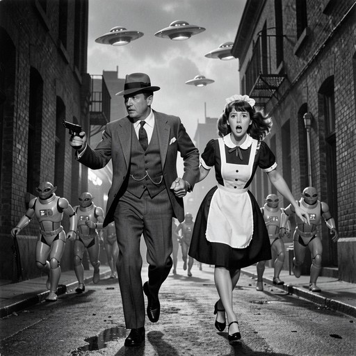 A black and white image of a man in a suit holding a gun and a woman in a maid outfit running away from small alien robots and flying saucers in an alley.