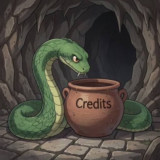 A green snake with fangs and yellow eyes is coiled around a brown clay pot labeled "Credits" inside a rocky cave.