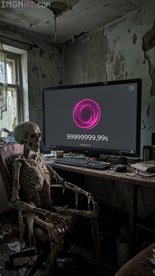 A mummified skeleton sits in a dilapidated room facing a computer monitor displaying a pink loading circle and a timer reading 99999999,99s.