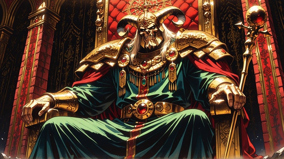 A horned skeletal figure with long white hair sits on a throne wearing golden armor and holding a staff.